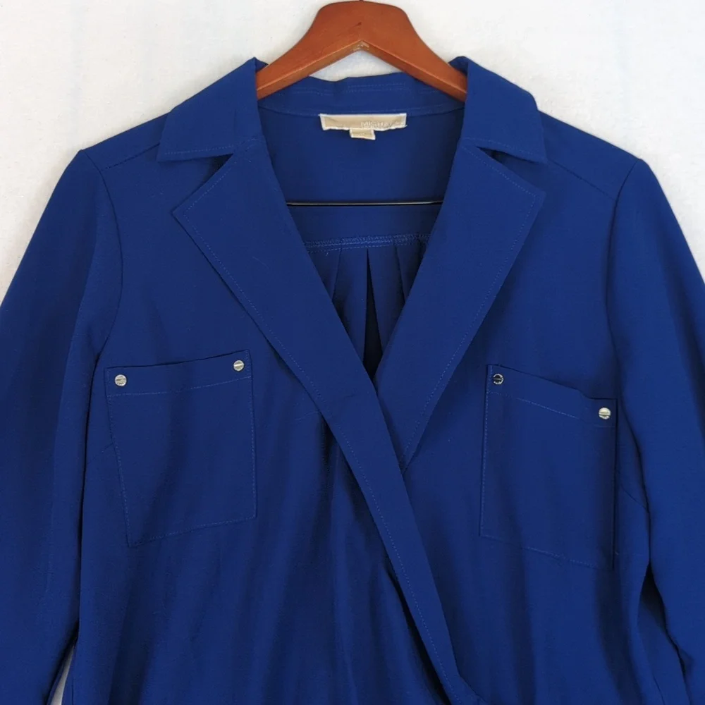 Michael Kors Cobalt Blue Chiffon Collared‎ Front Zipper Long Sleeve Blouse M